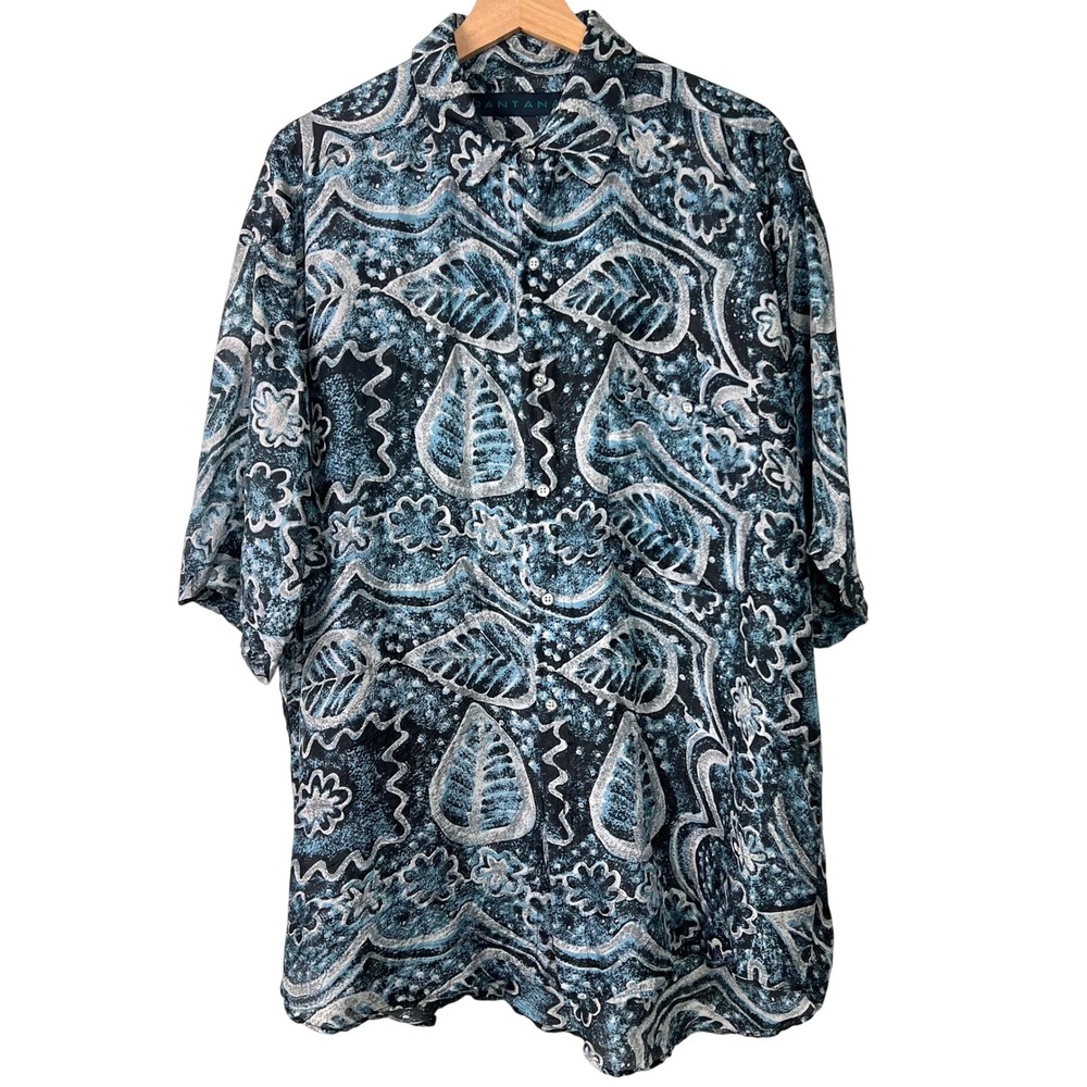 Santana Mens Vintage 90s Silk Abstract Leaf Floral Button Up Shirt Teal Blue L